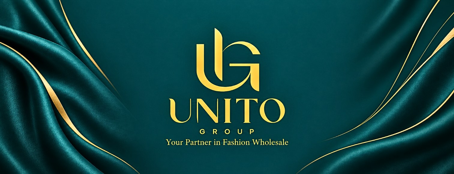 UNITO Group logo in gold on teal satin, with the line Your Partner in Fashion Wholesale